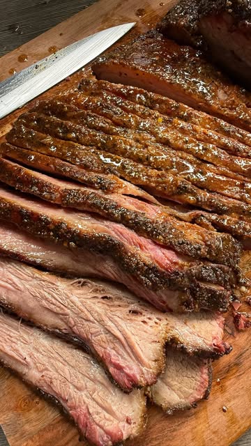 Sliced brisket with a peppery bark